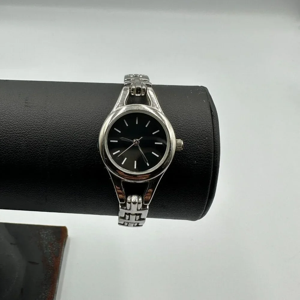 3/$30 Women Watch Silver Tone Round Black Dial Classic Minimalist 6.75